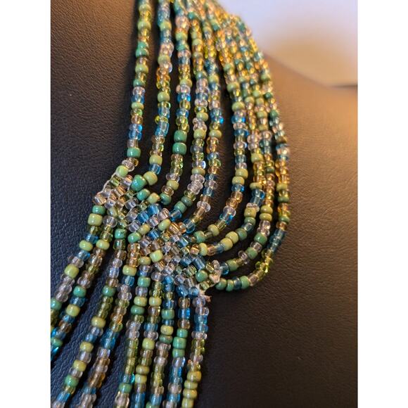 Hand Made Green Blue Seed Bead Collar Necklace - Picture 3 of 5